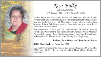 Anzeige von Resi Bolke von OM-Medien