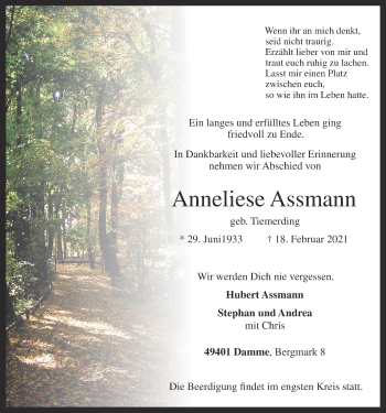 Anzeige von Anneliese Assmann von OM-Medien