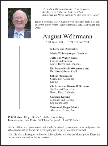 Anzeige von August Wöhrmann von OM-Medien