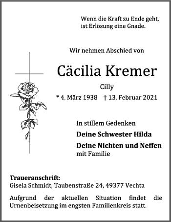 Anzeige von Cäcilia Kremer von OM-Medien