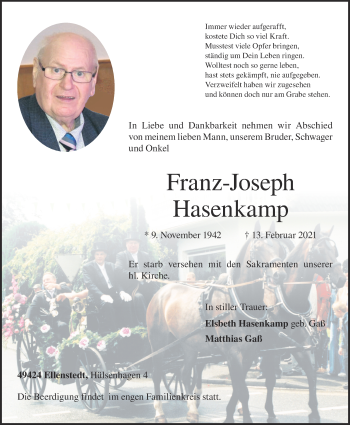 Anzeige von Franz-Joseph Hasenkamp von OM-Medien