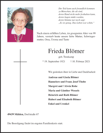 Anzeige von Frieda Blömer von OM-Medien
