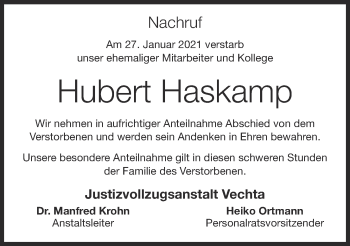 Anzeige von Hubert Haskamp von OM-Medien