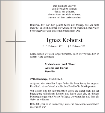 Anzeige von Ignaz Kohorst von OM-Medien