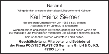 Anzeige von Karl Heinz Siemer von OM-Medien