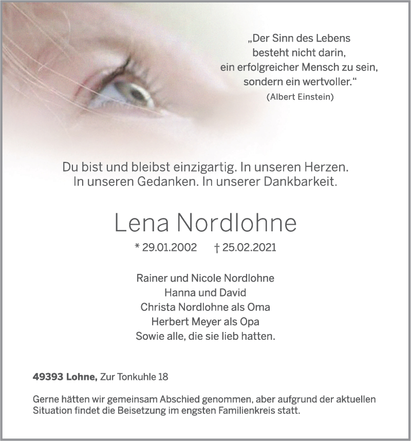  Traueranzeige für Lena Nordlohne vom 27.02.2021 aus OM-Medien