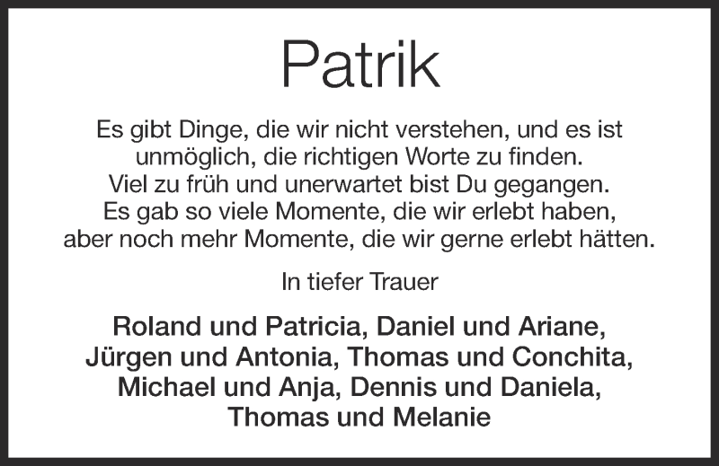  Traueranzeige für Patrik Wenzel vom 03.02.2021 aus OM-Medien