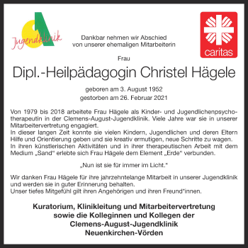 Anzeige von Christel Hägele von OM-Medien