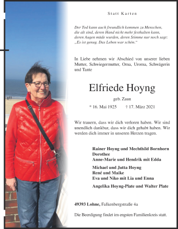 Anzeige von Elfriede Hoyng von OM-Medien