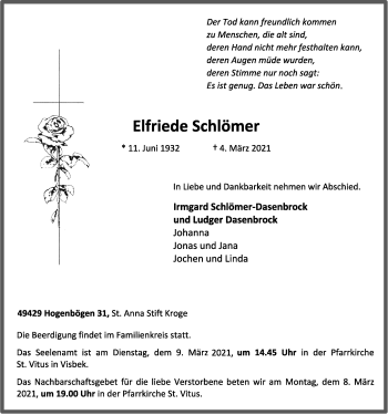 Anzeige von Elfriede Schlömer von OM-Medien