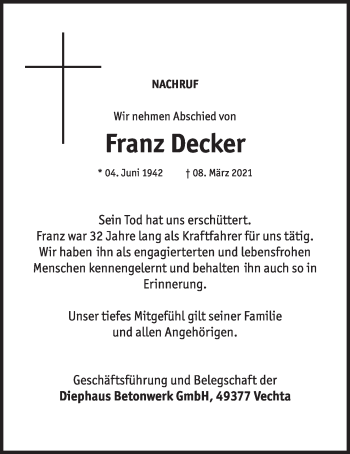 Anzeige von Franz Decker von OM-Medien