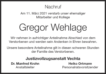Anzeige von Gregor Wehlage von OM-Medien
