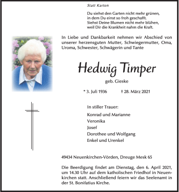 Anzeige von Hedwig Timper von OM-Medien