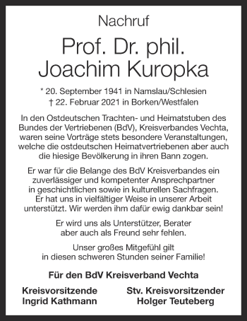 Anzeige von Joachim Kuropka von OM-Medien