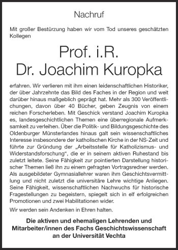 Anzeige von Joachim Kuropka von OM-Medien