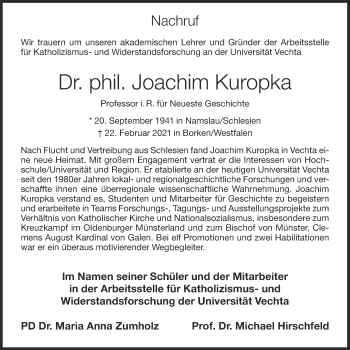Anzeige von Joachim Kuropka von OM-Medien