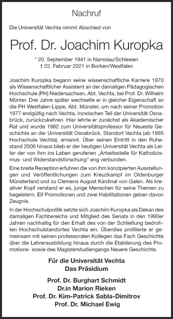 Anzeige von Joachim Kuropka von OM-Medien