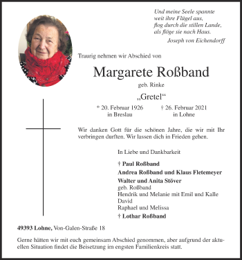 Anzeige von Margarete Roßband von OM-Medien