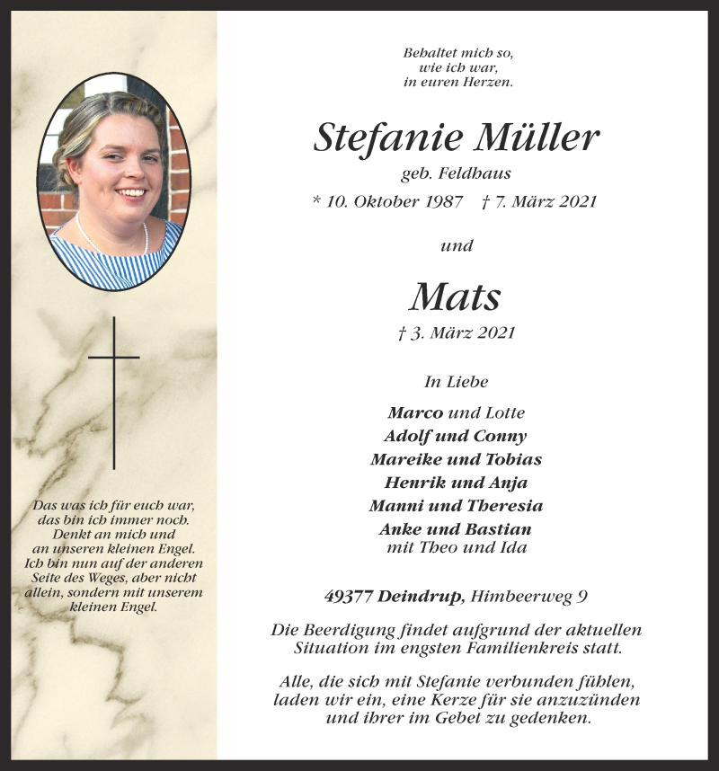 Traueranzeige für Stefanie Müller vom 12.03.2021 aus OM-Medien