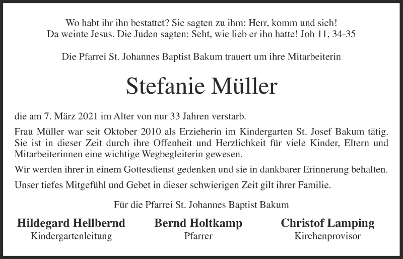  Traueranzeige für Stefanie Müller vom 13.03.2021 aus OM-Medien