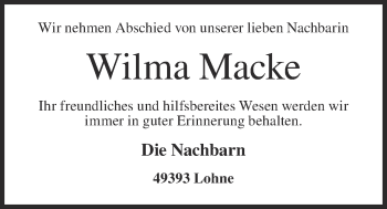 Anzeige von Wilma Macke von OM-Medien