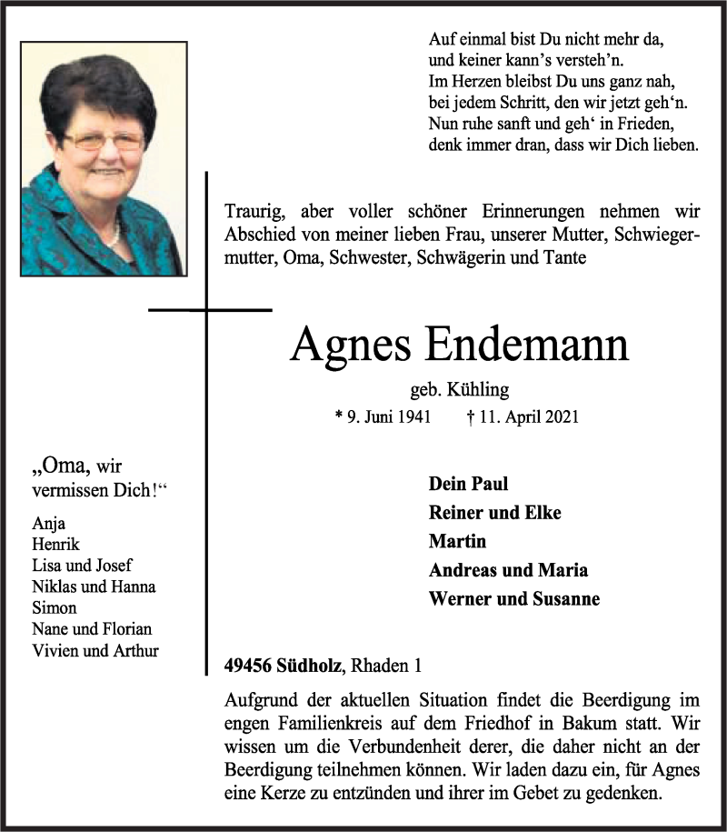  Traueranzeige für Agnes Endemann vom 13.04.2021 aus OM-Medien