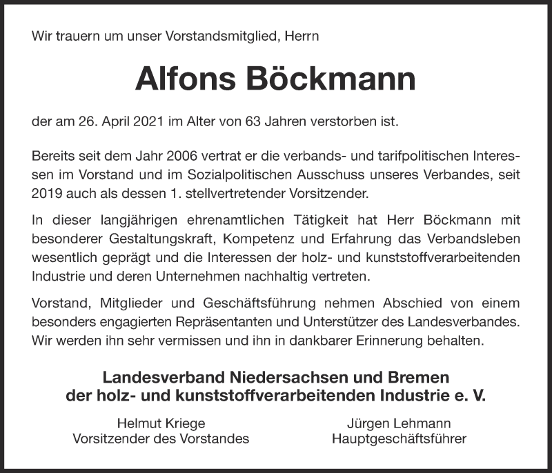  Traueranzeige für Alfons Böckmann vom 30.04.2021 aus OM-Medien