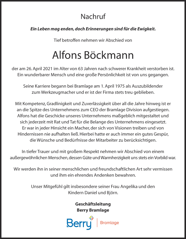  Traueranzeige für Alfons Böckmann vom 30.04.2021 aus OM-Medien