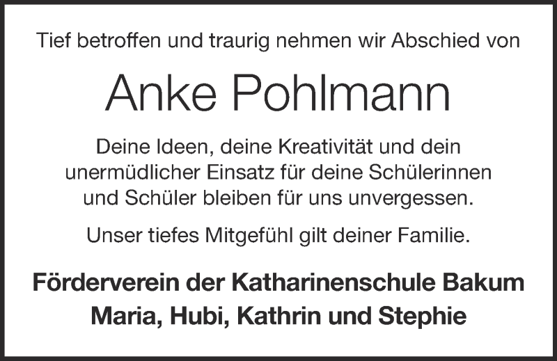  Traueranzeige für Anke Pohlmann vom 03.04.2021 aus OM-Medien