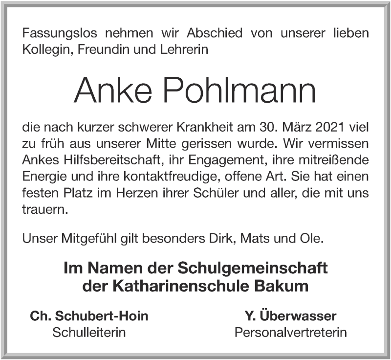  Traueranzeige für Anke Pohlmann vom 03.04.2021 aus OM-Medien