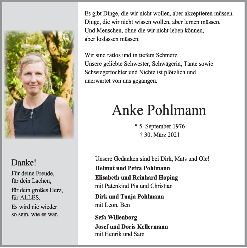  Traueranzeige für Anke Pohlmann vom 01.04.2021 aus OM-Medien