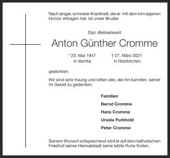 Anzeige von Anton Günther Cromme von OM-Medien