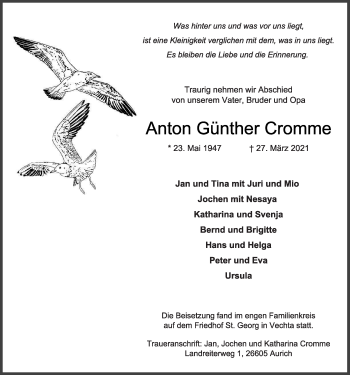 Anzeige von Anton Günther Cromme von OM-Medien