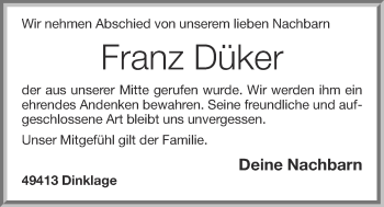 Anzeige von Franz Düker von OM-Medien