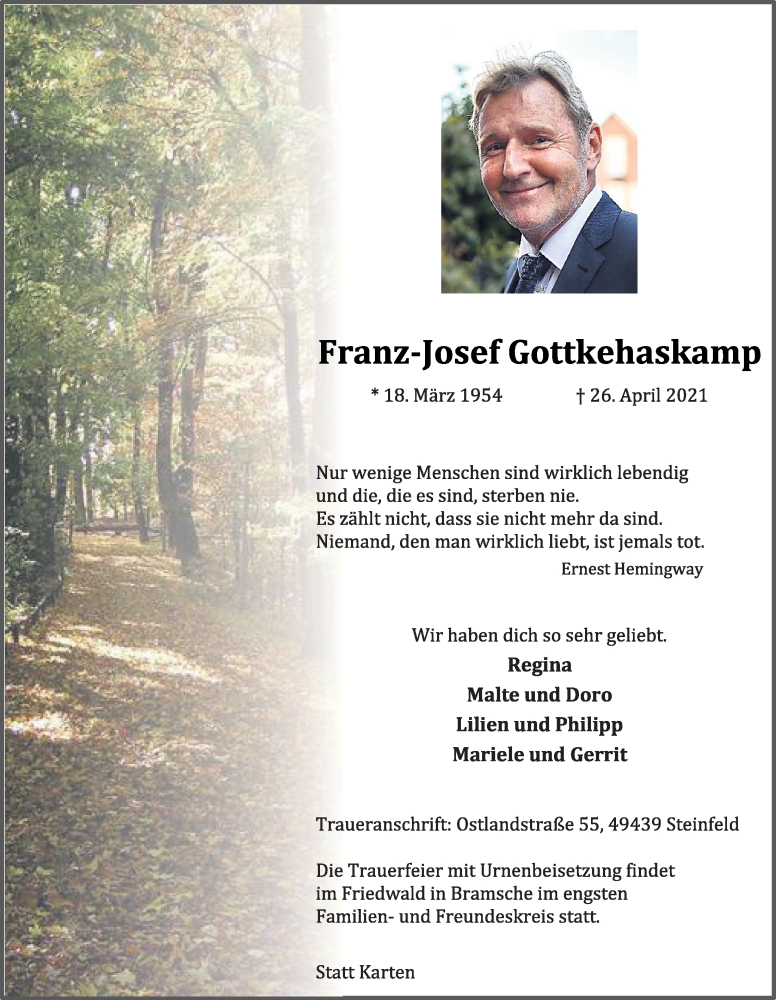  Traueranzeige für Franz-Josef Gottkehaskamp vom 30.04.2021 aus OM-Medien