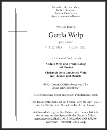Anzeige von Gerda Welp von OM-Medien