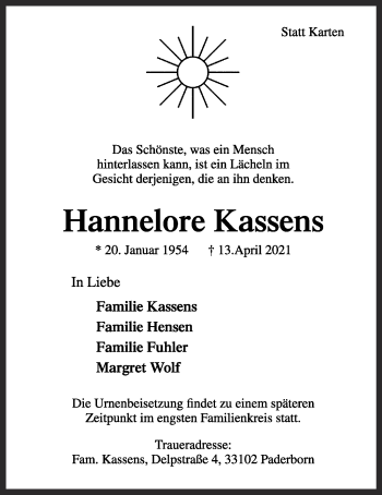 Anzeige von Hannelore Kassens von OM-Medien