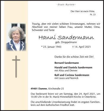 Anzeige von Hanni Sandermann von OM-Medien