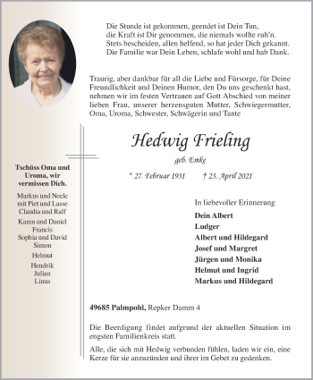 Anzeige von Hedwig Frieling von OM-Medien