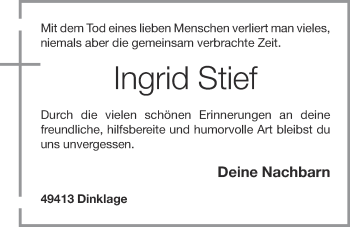 Anzeige von Ingrid Stief von OM-Medien