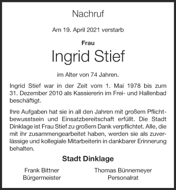 Anzeige von Ingrid Stief von OM-Medien