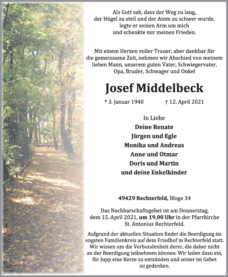  Traueranzeige für Josef Middelbeck vom 14.04.2021 aus OM-Medien