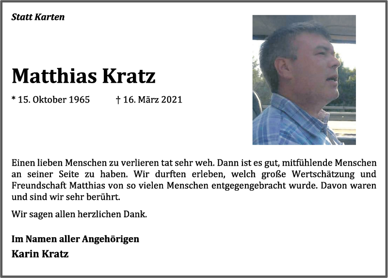  Traueranzeige für Matthias Kratz vom 17.04.2021 aus OM-Medien