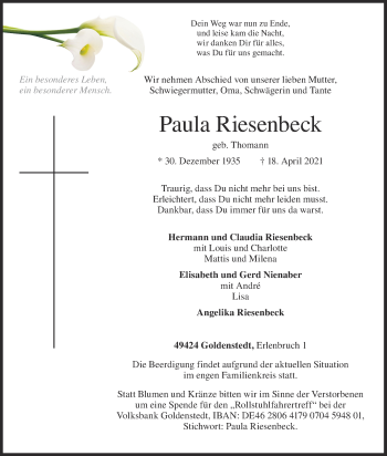 Anzeige von Paula Riesenbeck von OM-Medien