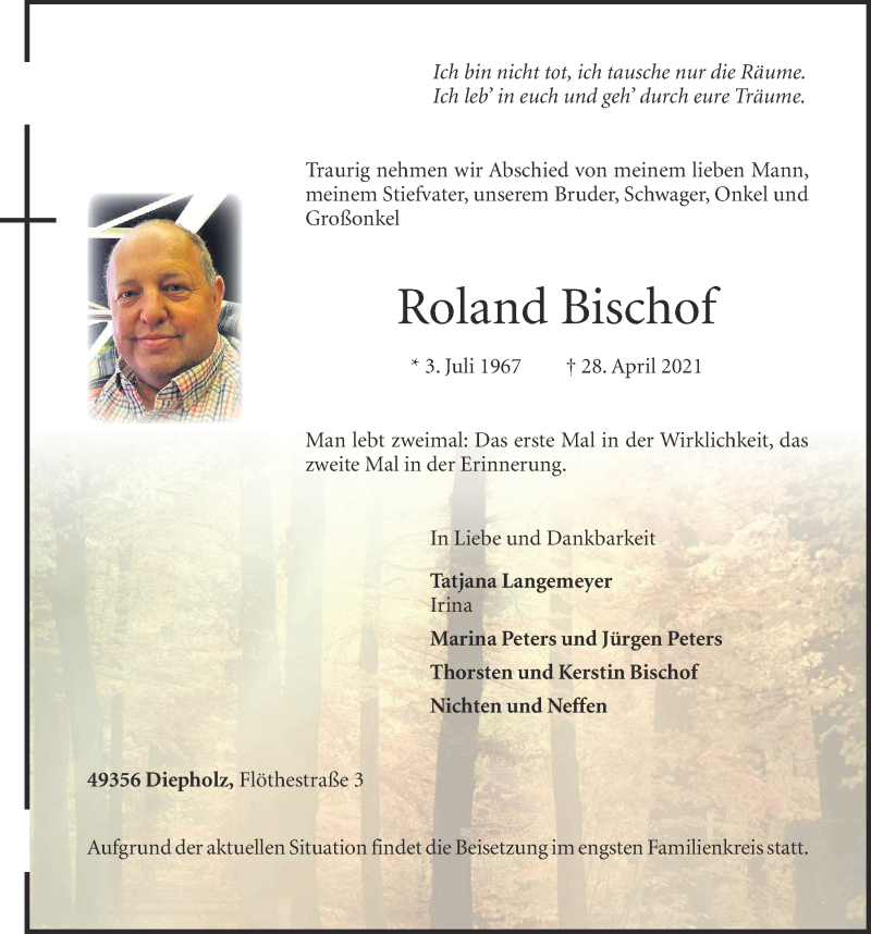  Traueranzeige für Roland Bischof vom 30.04.2021 aus OM-Medien