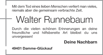 Anzeige von Walter Runnebaum von OM-Medien