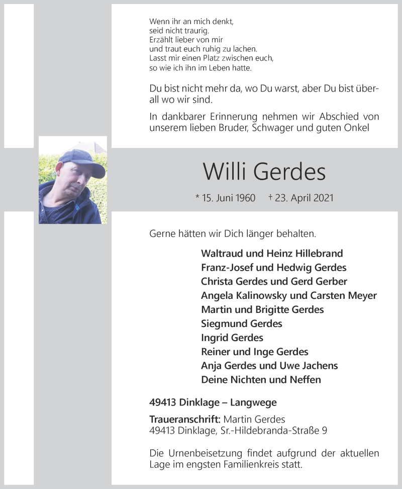  Traueranzeige für Willi Gerdes vom 26.04.2021 aus OM-Medien