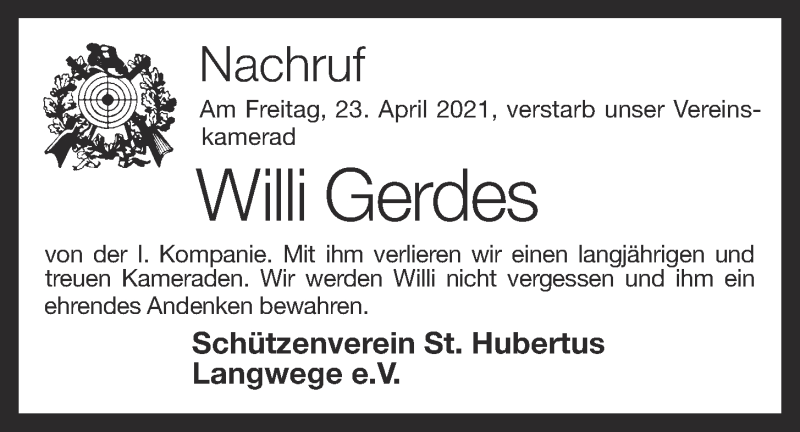 Traueranzeige für Willi Gerdes vom 29.04.2021 aus OM-Medien