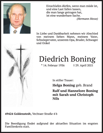 Anzeige von Diedrich Boning von OM-Medien