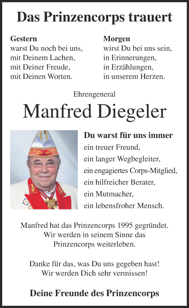  Traueranzeige für Manfred Diegeler vom 05.05.2021 aus OM-Medien
